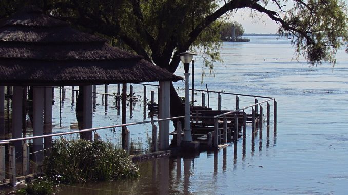 Zona ribereña inundada por la crecida del río Paraná, con árboles y viviendas rodeados de agua